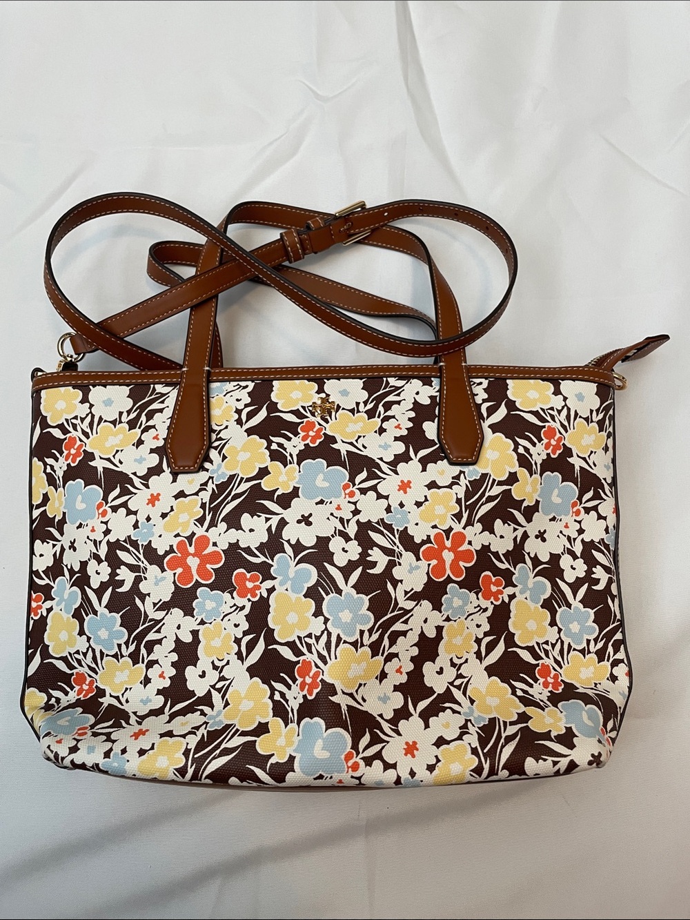 Tory Burch Brown Floral Print Tote with Multicolor Flowers
